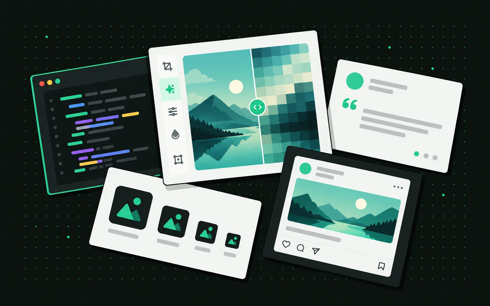 A collage of outputs from the toolkit: a code snippet, a photo being cropped and pixelated, a quote card, a set of app icons, and a social post card.