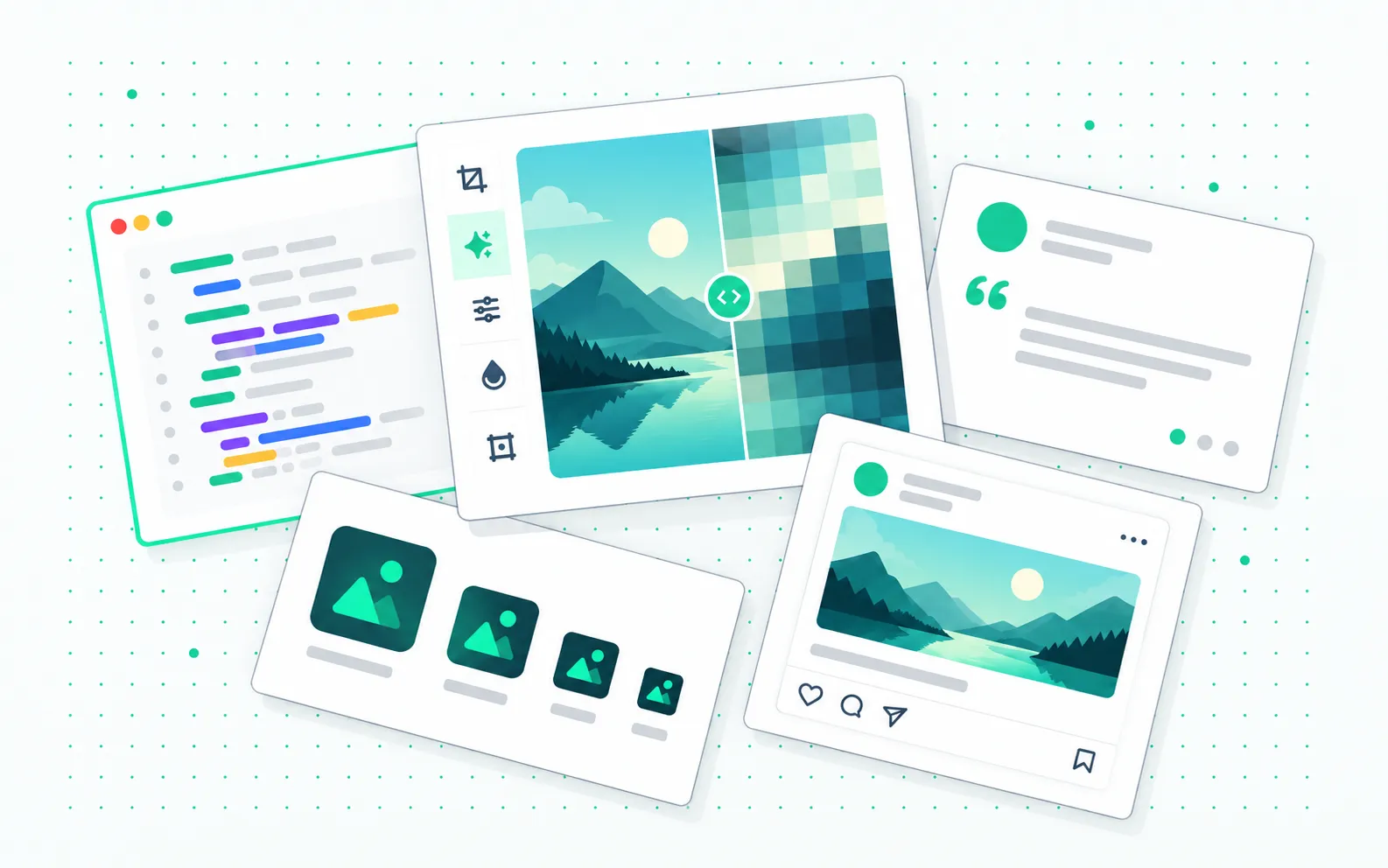 A collage of outputs from the toolkit: a code snippet, a photo being cropped and pixelated, a quote card, a set of app icons, and a social post card.